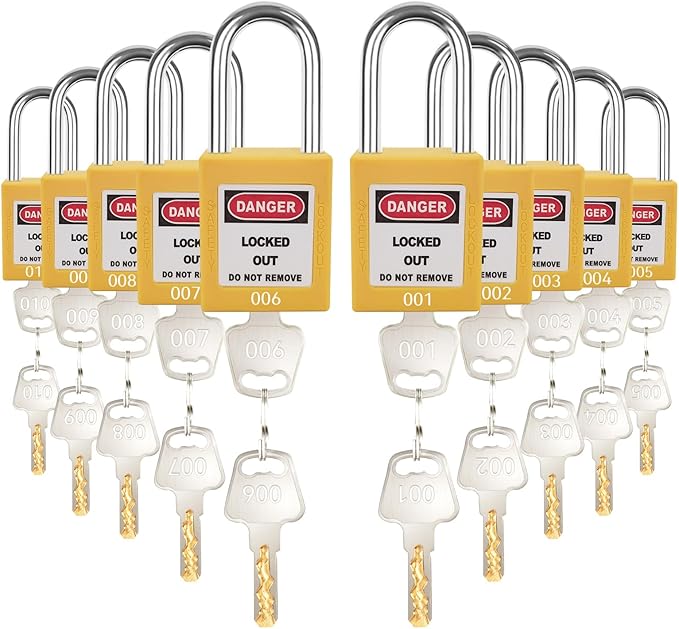 Lockout Tagout Lock Set-10pcs Keyed Different Yellow, 2 Keys, OSHA Compliant Safety Padlocks for Electrical Lockout Tag Out Kit