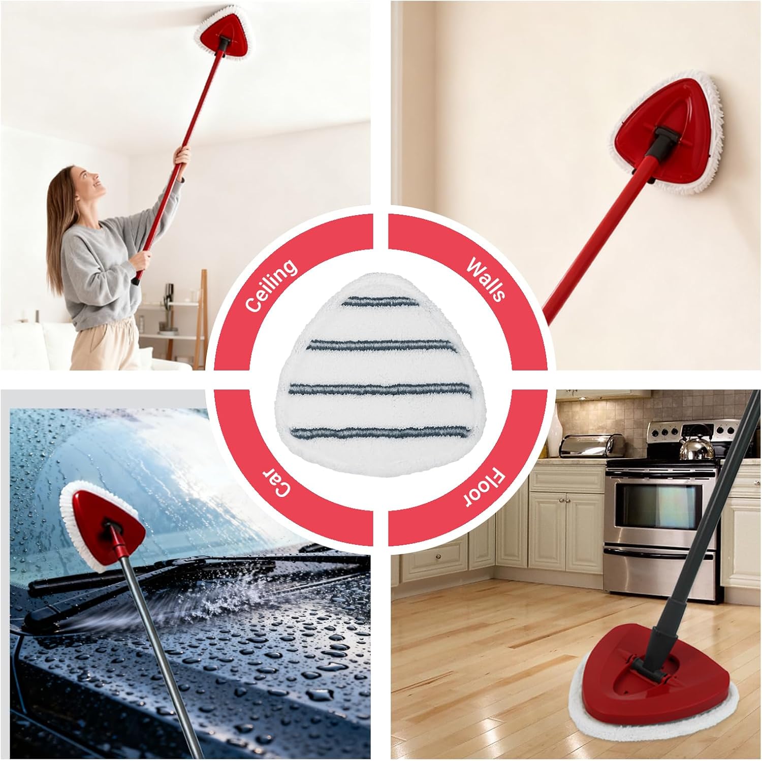 Triangule Flat Mop Replacement Pads, Spin Mop Pad Replacement, 8 Pack Mop Refill Pads, 1 Mop Base and 1 Scraper for Cleaning Floor, Wall, Ceiling, Easy to Replace