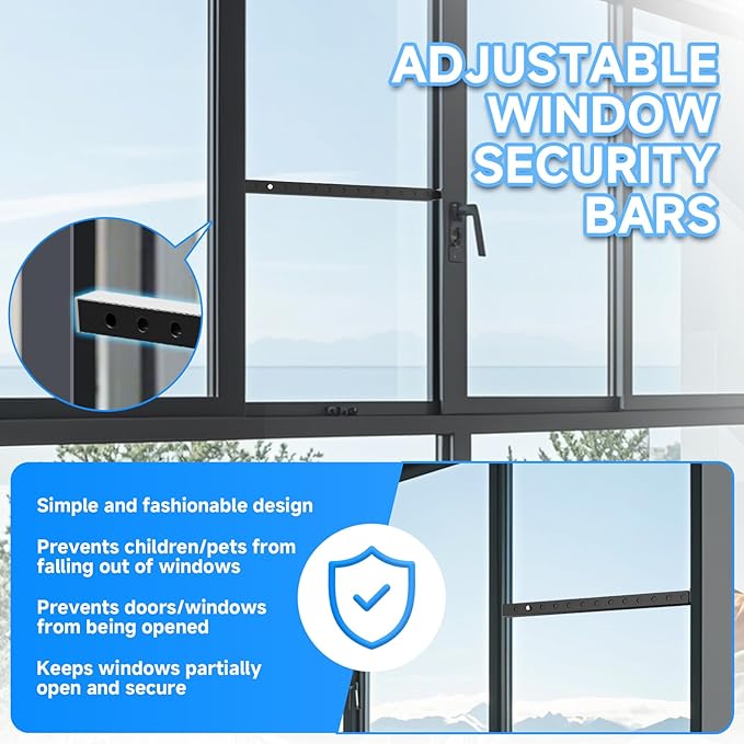 Adjustable Window Security Bars, Window Bars Security Inside Vertical, Window Bar Lock Prevent Burglary, Window Safety Bars for Children, Window Stick Extends from 16.3-29.3 In(Black -1 pcs)