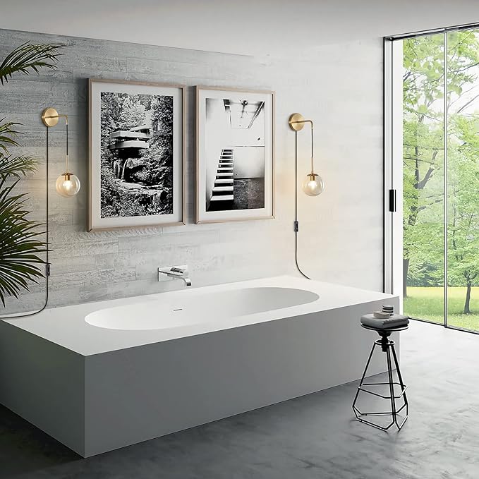 KCO Lighting Modern Plug in Wall Sconce Set of 2 Gold Glass Globe Bathroom Wall Sconce Mid Century Adjustable Wall Lamp Plug in for Corridor Bedroom Entryway (Amber & 2-Pack)