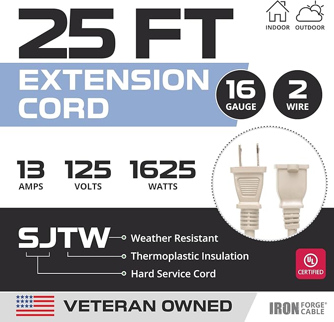 Iron Forge Cable 2 Prong Extension Cord 25 ft - 16 Gauge 13 Amp Heavy Duty Outdoor 2 Prong Power Cord - SJTW - Great for Landscaping, Deck, Outdoor Lights - Tan
