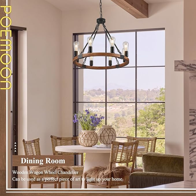 Farmhouse Wooden Wagon Wheel Chandelier 8 Lights 23.6'' Rustic Black Metal Light Fixtures Vintage Wood Round Chandelier for Living Dining Room Kitchen Entryway Foyer