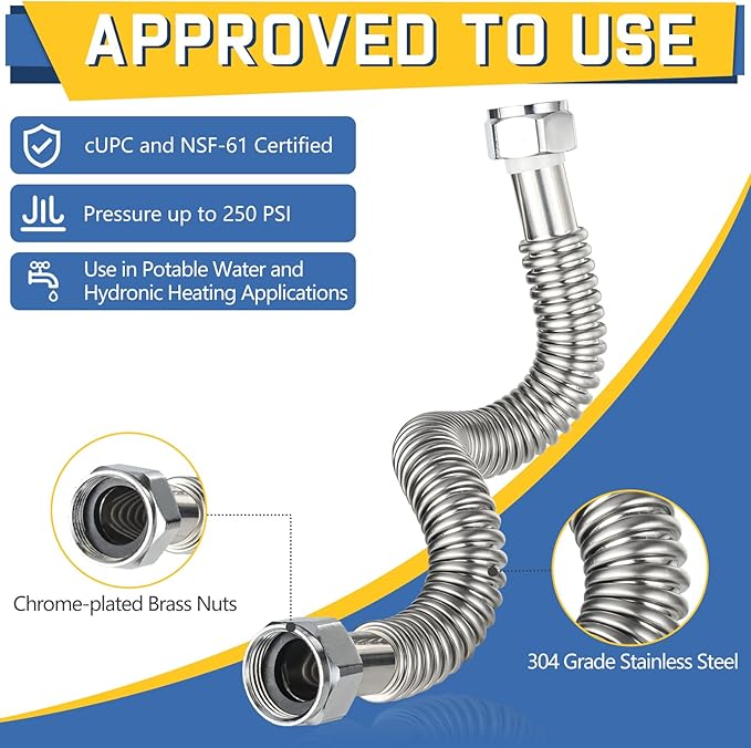 10-Pack GUOFIS Corrugated Flexible Stainless Steel Water Heater Connector,3/4" FIP x 3/4" FIP Hose for Water Heater/Water Softener(24-Inch)(HOSE040-10Pack)