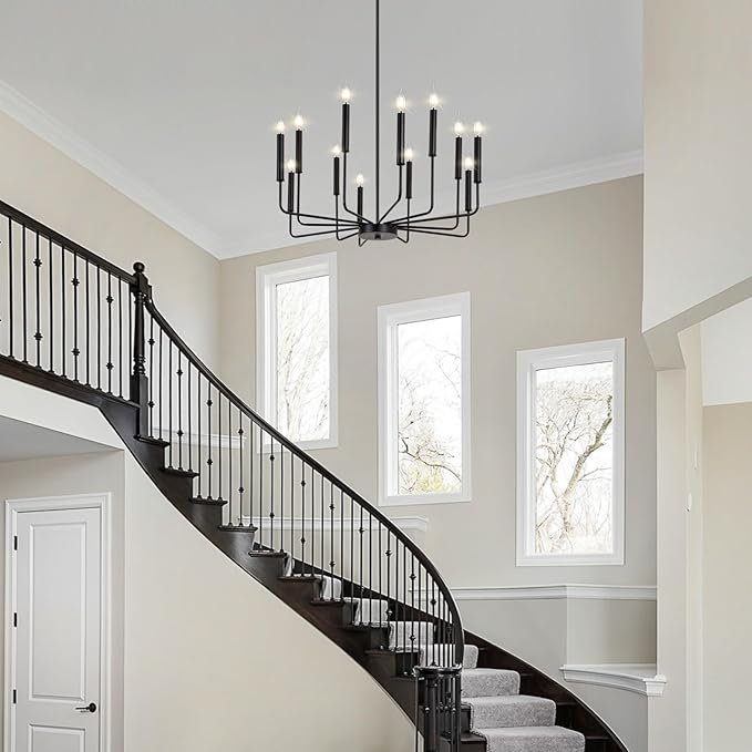 Qamra Modern Farmhouse Black Chandelier for Dining Room, 12-Light Candle Chandelier Light Fixture, Rustic Industrial Hanging Chandeliers Lighting for Living Room, Kitchen, Staircase, Entryway, Foyer