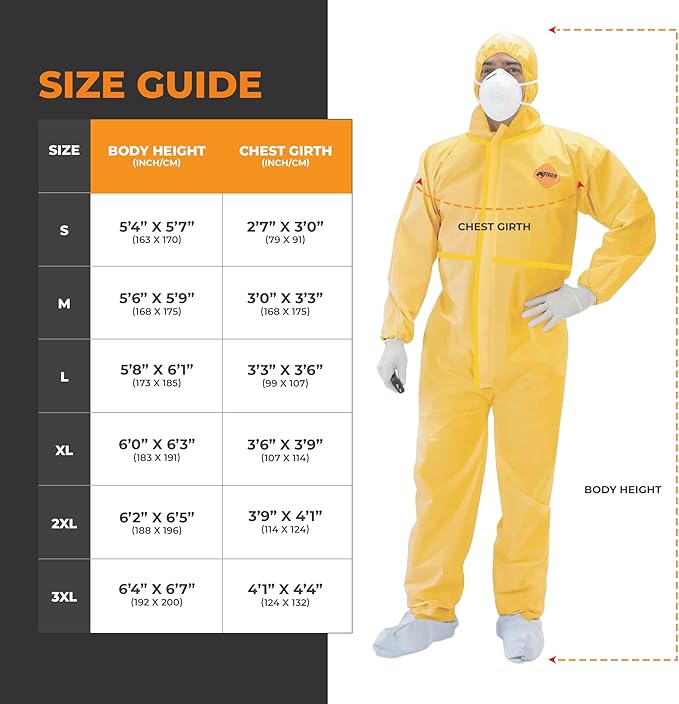 Tiger Tough Chemical Protection Coveralls, Yellow Disposable Hazmat Suit for Men & Women with Hood & Zipper