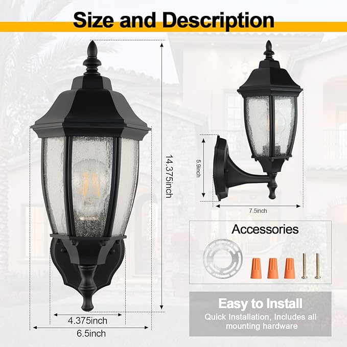 Outdoor Wall Lantern, 14 Inch Porch Light Fixtures with Seed Glass Shades, Waterproof Exterior Wall Lights, Mounted Outside Lighting for House Farmhouse Patio Doorway Garage (E26 Base Max 40W)