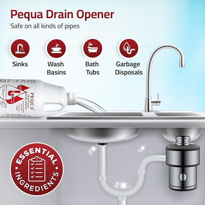PEQUA INDUSTRIES 64 oz Pequa Heavy Duty Drain Opener - Powerful, Non-Acid, Fast-Acting Formula, Safe for All Pipes, Industrial strength Drain Cleaner for Sinks, Tubs, Septic Tanks (Pack of 4)