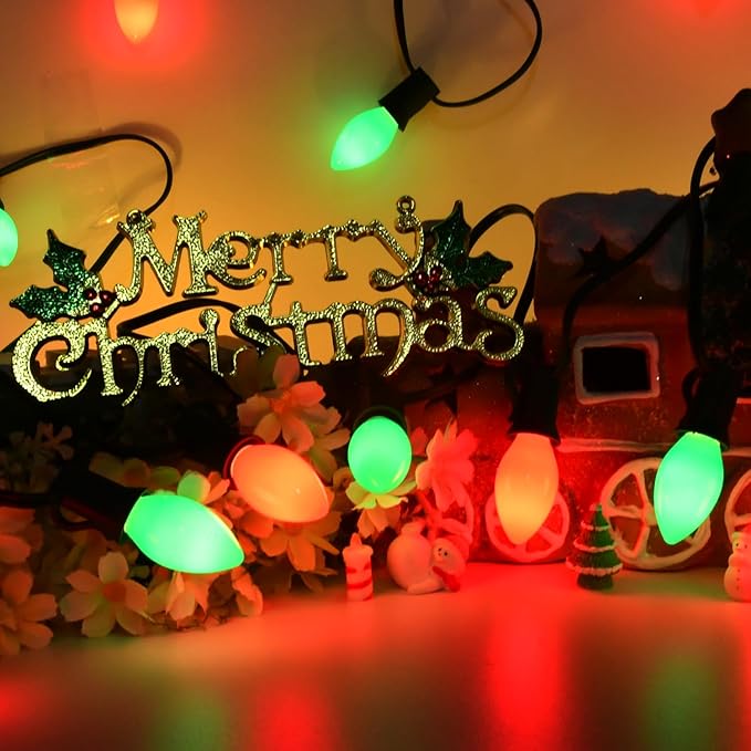 25 Pack C7 Red and Green Christmas Lights Replacement Ceramic Bulbs, Red Green Christmas Lights C7 Bulbs for Christmass Day, Party and Wedding Decorations, E12 Candelabra Base, 5 Watts