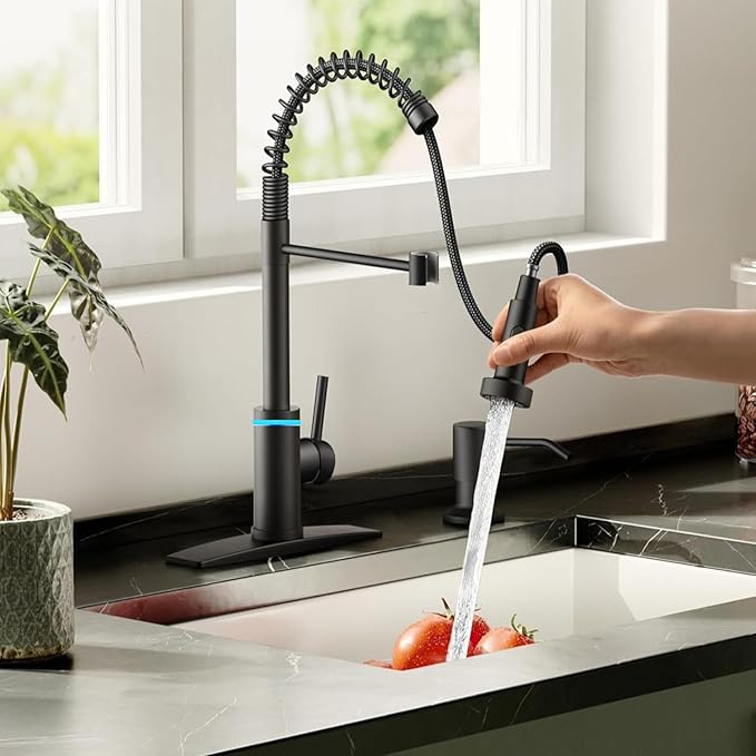 Smart Touch On Kitchen Faucet, 3 Modes Pull Down Sprayer, Touch On Sensor Activated, LED Temperature Control, 360-Degree Rotation, 1 or 3 Hole Deck Plate. 10-Year Warranty. (KW-66R, Matt Black)