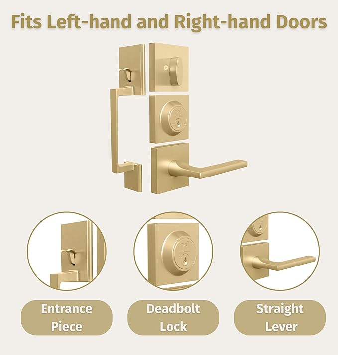 Mega Handles - TOBELLE Gold Entry Door Handleset - Single Cylinder Handleset with Lever for Entrance and Front Doors - Modern Door Handles for Left and Right-Handed Doors - Straight Handle