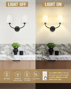 Emak Black Wall Sconces, 2-Light Bathroom Vanity Light Fixtures, Modern 19 Inch Bathroom Light Fixtures with White Fabric Shade for Bathroom, Living Room, Hallway, Bedroom, Stairway, VL116-BK-2