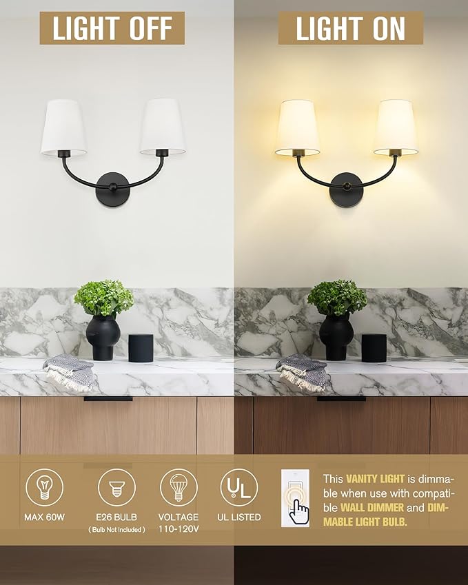 Emak Black Wall Sconces, 2-Light Bathroom Vanity Light Fixtures, Modern 19 Inch Bathroom Light Fixtures with White Fabric Shade for Bathroom, Living Room, Hallway, Bedroom, Stairway, VL116-BK-2