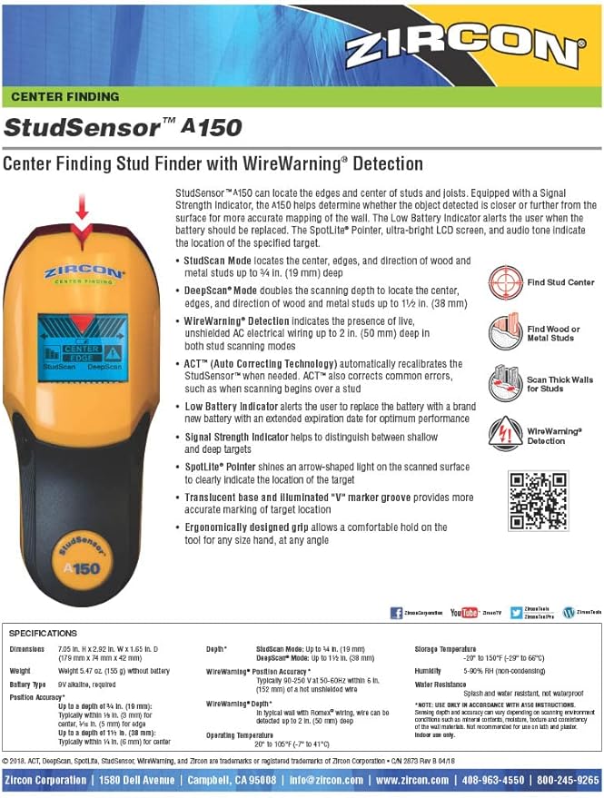 Zircon StudSensor A150 Wall Scanner and Center/Edge Locating Stud Finder with WireWarning Detection and Signal Strength Indicator, Center Finding