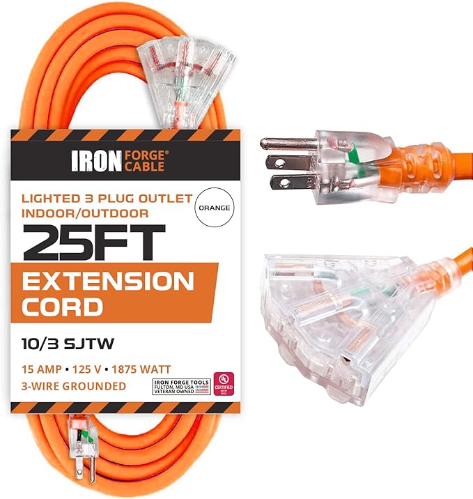 Iron Forge Cable 10 Gauge 25ft Lighted Outdoor Heavy Duty Extension Cord with 3 Outlets - 15 Amp 10/3 SJTW Orange Extension Cord with Multiple Outlets