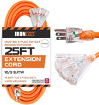 Iron Forge Cable 10 Gauge 25ft Lighted Outdoor Heavy Duty Extension Cord with 3 Outlets - 15 Amp 10/3 SJTW Orange Extension Cord with Multiple Outlets