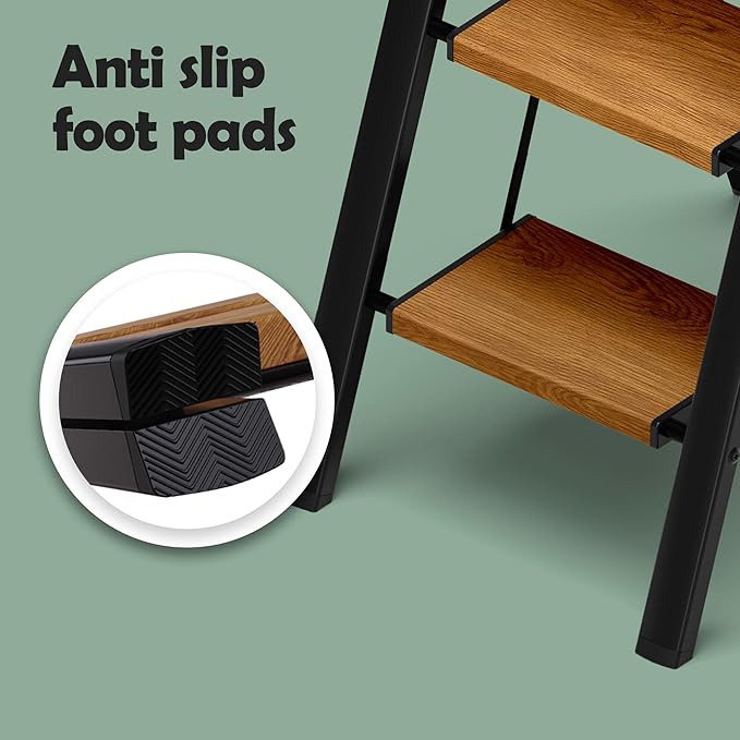 Taranta 4 Step Ladder,Aluminum Lightweight Folding 4 Step Stool with Anti-Slip Wide Pedal, 330lbs Capacity Step Ladder for Household,Kitchen,Office - BlackWoodgrain