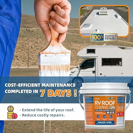 1 Gallon RV Roof Coating White with Brush, Towel, Solar Reflective Sealant for Easy Insulation & Leak Repair, Liquid Flexible Rubber Camper RV Roof Sealant for Metal Building, Trailer, Motorhome