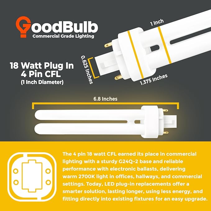 GoodBulb 18 Watt CFL Light Bulbs 4 Pin G24Q-2 Base 2700K Soft White 18W High Output 1200 Lumens Double Tube Compact Fluorescent Light Bulbs Plug-in 10 Pack