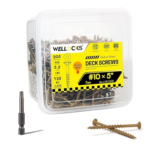 WELLOCKS Deck Screws, Wood Screws, Tan, Superior Rust Resistant, Epoxy Coated, Above 1000 Hour Salt Spray Coating T25 Torx Star Bit Included for Outdoor Wood Fence (5.2LBS Tan, #10×5")