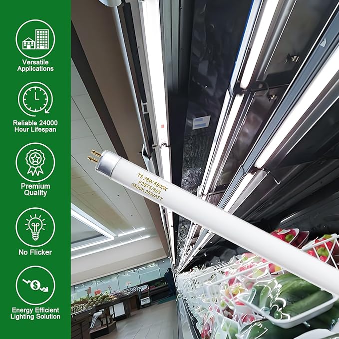 46 Inches F28T5/865/ECO 6500K, T5 28 Watts Fluorescent Light Bulb Daylight, T5 Fluoerscent Tube, Medium Bi-Pin Base, 2550 Lumens CRI 85 25 Pack
