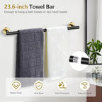 TQKAG Black and Gold 5 Piece Bathroom Hardware Accessories Set 23.6" SUS304 Stainless Steel Bathroom Towel Bar Holder Sets Double Post Pivoting Toilet Paper Holder Set Wall Mounted