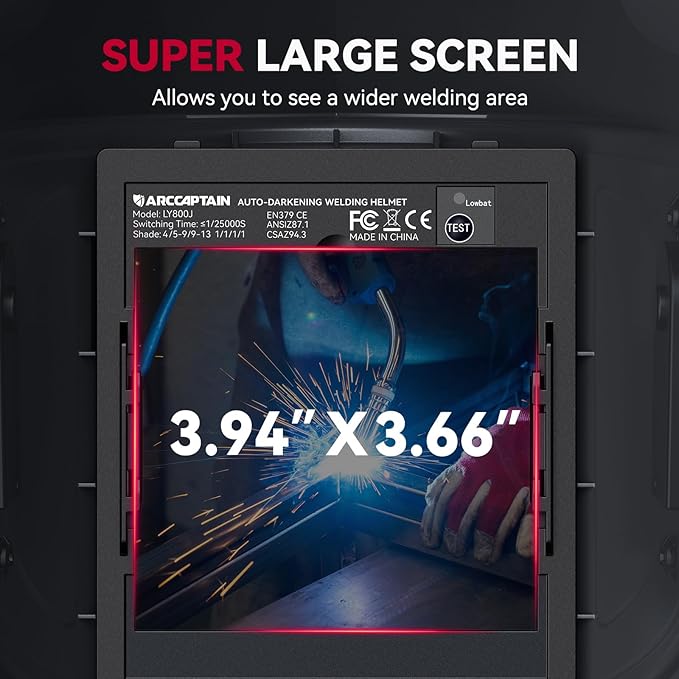 ARCCAPTAIN Welding Helmet Auto Darkening, 3.94"X3.66" Large Viewing Screen True Color Welding Hood with 4 Arc Sensor Solar Powered, Wide Shade 4-5/5-9/9-13 for ARC TIG MIG Welding Helmets for Men