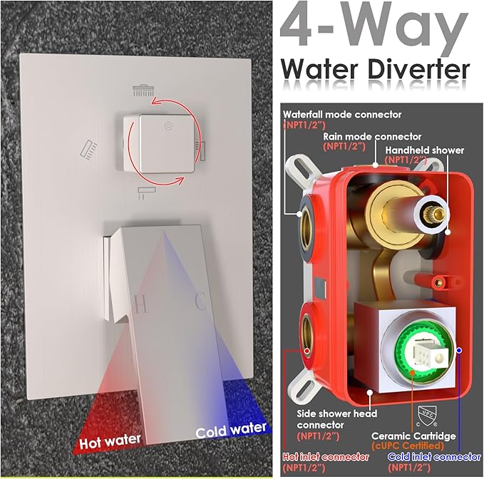 Enga 10 Inch + Dual 6-Inch Rain Shower System, Four Modes Diverter Shower Faucet with Handheld, Luxury Rain Mixer Shower Combo Set, Brushed Nickel