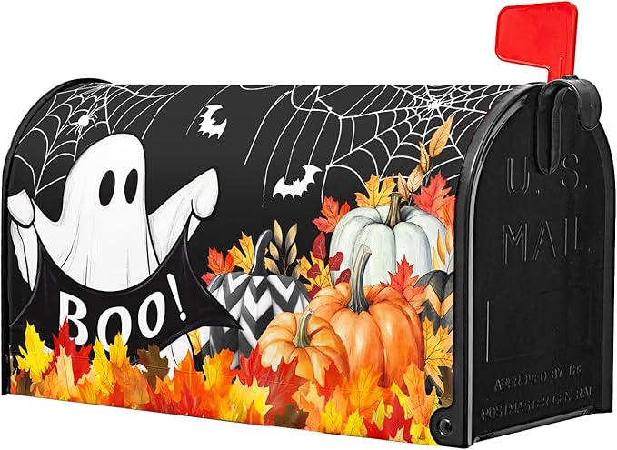 Kawani Halloween Ghost Pumpkin Mailbox Covers Magnetic Black Happy Halloween Seasonal Holiday Post Letter Box Cover Standard Size 25.5x21 Inch for Garden Yard Decor