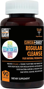 Clinical Daily Regular Cleanse. Natural Colon Cleanser & Detox for Energy and Constipation Relief. 90 Herbal Dietary Fiber Pills - Psyllium Husk Powder Capsules with Glucomannan, Aloe, PROBIOTICS