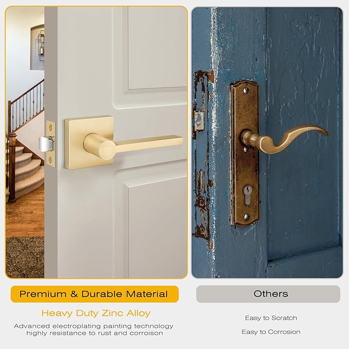 EHOMEWARE 10 Pack Gold Door Handles Door Knobs, Satin Brass Passage Door Lever Interior Door Handle for Hallway/Closet Non-Locking