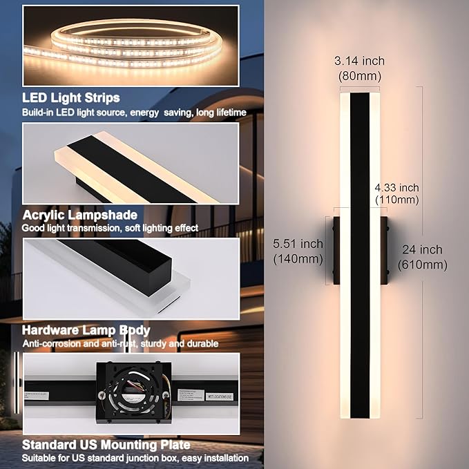 TODOLUZ 2-Pack 24-Inch LED Outdoor Wall Light Fixture, IP65 Waterproof 17W Exterior Linear Wall Mount Lighting, 5 Color Temperature Mode (3000K/3500K/4500K/5000K/6000K)