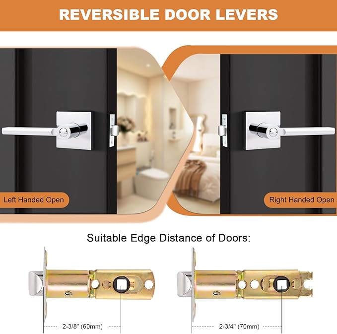 Probrico Polished Chrome Privacy Door Handle Lockset Heavy Duty Square Interior Door Lever for Bedroom or Bathroom Reversible Keyless Handleset Door Knob Slim Handed Levers, 5 Pack