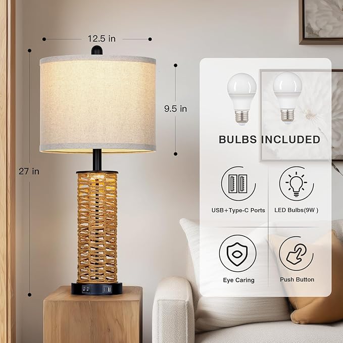 27" Boho Rattan Table Lamps Set of 2, Coastal Bedside Lamp with Night Light, Woven Wicker Bedroom Nightstand Lamps with USB A+C Charging Port, Tall Farmhouse Lamp for Living Room End Table