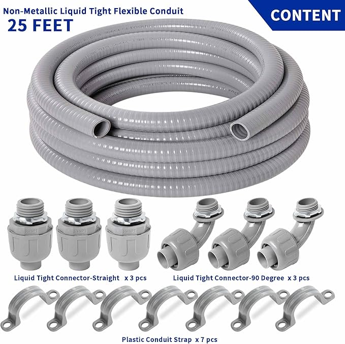 (3/4" Dia * 25 Feet) Yariwiz Flexible Electrical Conduit Liquid Tight PVC Conduit Kit with 3 PCS Coupling, 3 PCS Elbow and 7 PCS Strap, Sealtight Seal Flex Liquidtight Wire Outdoor Non Metallic Grey