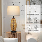 27" Rattan Table Lamps Set of 2, Boho Bedside Lamp for Bedroom with Night Light, Coastal Woven Wicker Nightstand Lamps with USB A+C Charging Port & AC Outlet, Tall Farmhouse Living Room Lamp