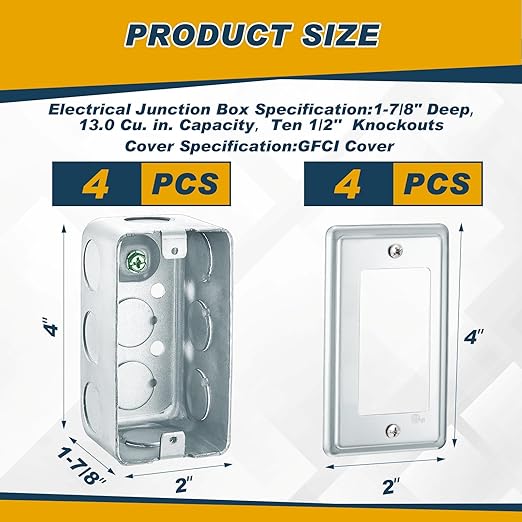 4 Set 8 Pcs 4 x 2'' Electrical Junction Box with Cover 1-7/8" Deep Electrical Box Metal Outlet Box, Receptacle Exposed Work Cover, Ten 1/2'' Knockouts, Drawn Construction, Silver(GFCI)