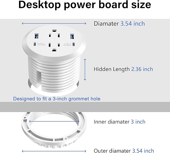 3 inch Desktop Power Grommet USB C,65W Fast Charging Station,Furniture Recessed Power Strip,2 Outlets,4 USB Ports,Flush-Mount for Desktop, Workspace Essential Desk Outlet,2 Pack (White)