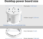 Desktop Power Grommet, 65W USB C Fast Charging, Flush Mount Recessed Power Strip 3-Inch Hole, 2 Outlets, 4 USB Ports, Countertop Outlet (White)