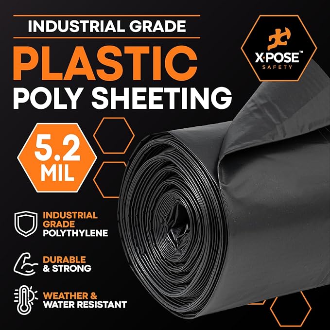 Xpose Safety Black Plastic Sheeting 5 Packs – 10' x 100' Rolls – Heavy Duty 5.2 Mil Poly Sheet – Waterproof, Dustproof, Vapor Barrier – for Construction, Painting, Industrial Use