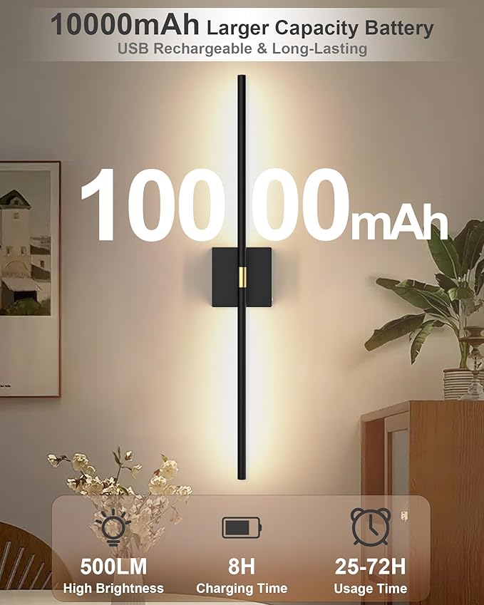 iThird 1 Pack Wall Sconce Battery Operated, Wireless Rechargeable Wall Lights with Touch and Remote Control, 360° Rotatable, Magnetic Wall Sconce for Bedroom,Living Room,Hallway (31.7in Black)