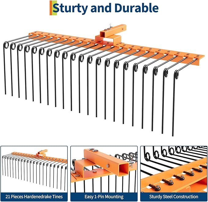 Tow Behind Landscape Rake, 48" Tow Dethatcher with 17 Steel Coil Tines, Lawn Dethatcher Rake Attaches to 48" or 60" Toolbars and 3-Point Suspension Systems, for Leaves, Pine Needles, and Grass, Orange