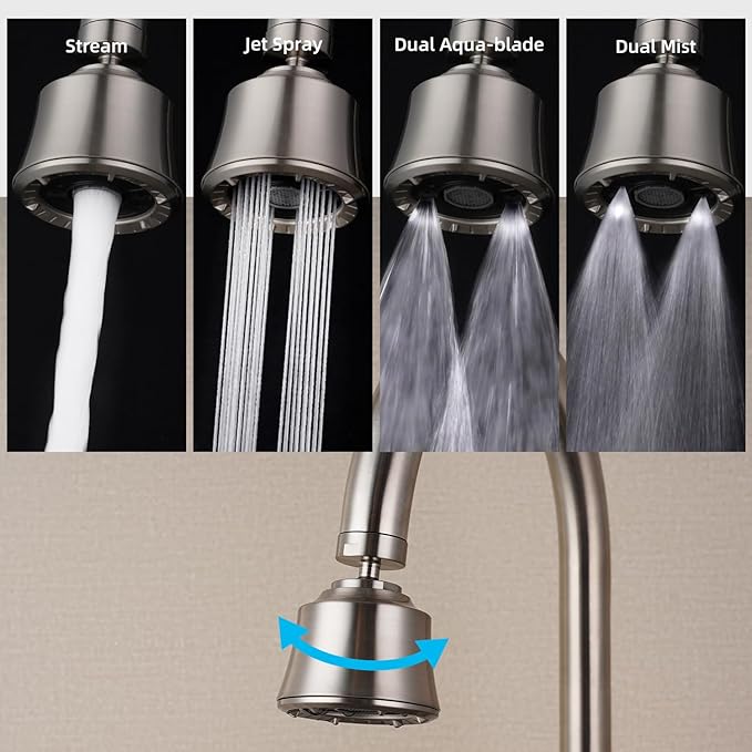 iFealClear Kitchen Sink Faucet Head, Swivel 360 Degree Faucet Sprayer Head with 4 Spray Modes, Big Angle Faucet Aerator Adapter Fits Female 55/64“ Male 15/16" for Bathroom/Kitchen/Rvs, Brushed Nickel