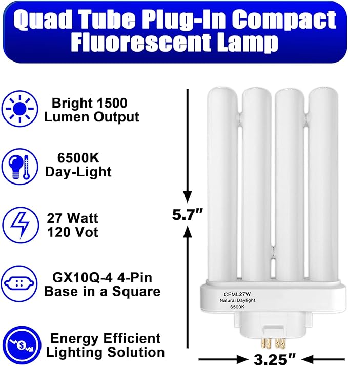 CFML27VLX Replacement Bulb for Verilux CFML27VLX 27 Watt Fluorescent Bulb, Natural Daylight,4-Pin GX10Q-4 Base, 6500K Daylight, 3 Pack