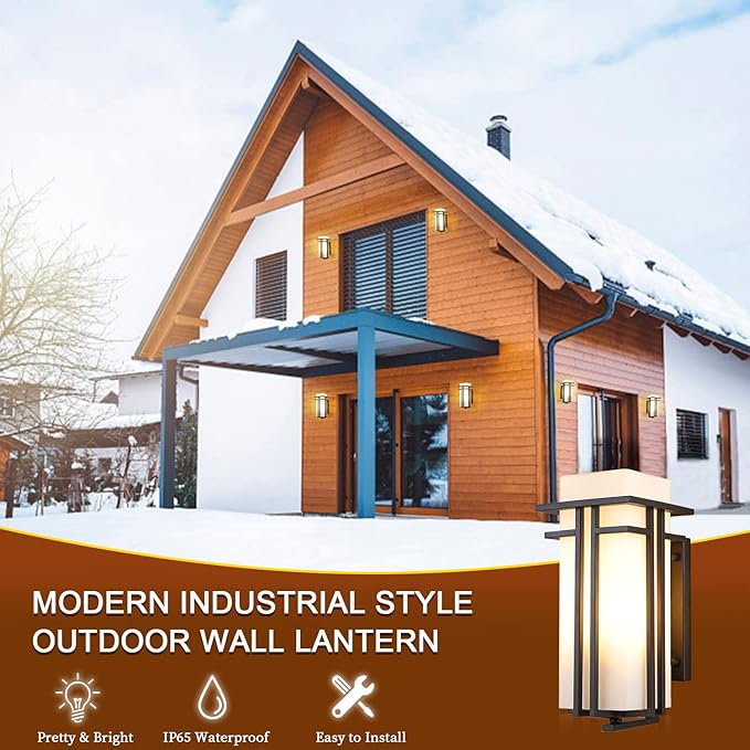 Outdoor Porch Light Wall Mounted Waterproof Wall Lantern Exterior Light Fixture for Entryways Yards Garage Front Porch, Square Metal Frame with Frosted Glass, Black