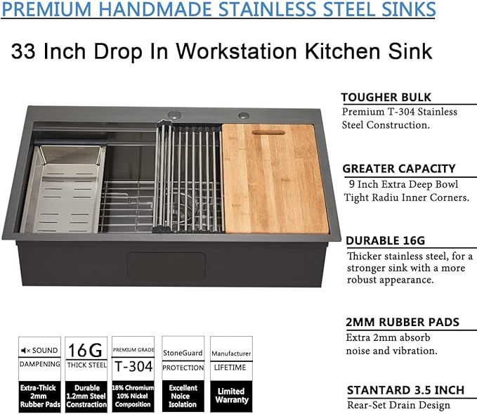 SHACO 33x22 Black Drop In Kitchen Sink, 33 Inch Gunmetal Black Stainless Steel Top Mount Single Bowl Overmount Double Ledges Workstation Sink with Accessories