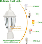 LIT-PaTH Outdoor Post Lighting Fixture Pole Lantern, E26 Medium Base Max 60W, Aluminum Housing Plus Glass, Matte White Finish, 1-Pack