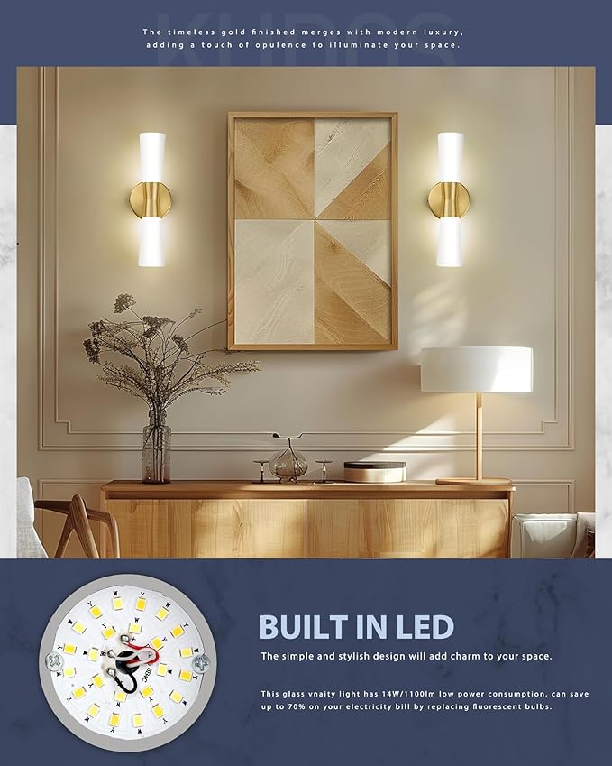 kudos Bathroom Sconces Set of 2,16inches Gold Wall Sconces, Modern Bathroom Light Fixtures with Milk White Glass, Dimmerable 3000K/4000K/5000K for Bedroom Hallway, KDVL13-GD-2PK