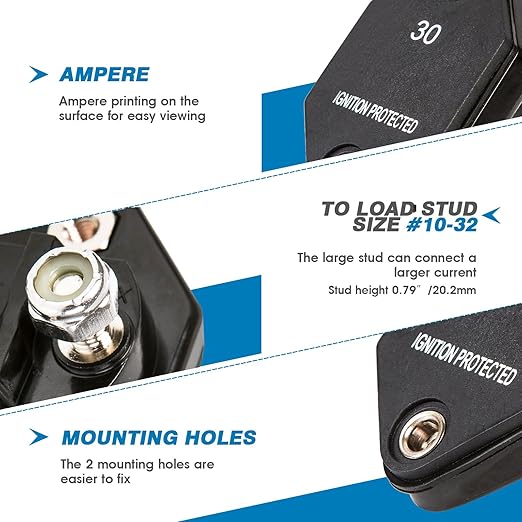 GLOSO Circuit Breaker Car Truck RV Automotive Marine Boat 51 Series T1 Auto Reset Mini Panel Mount #10-32 Threaded Stud w/Nylock 32Vdc (20A)