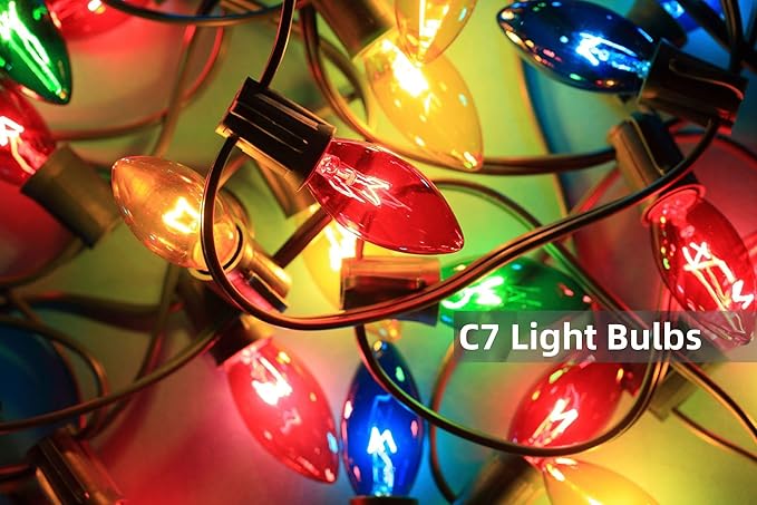 25 Pack C7 Christmas Replacement Light Bulbs, C7 Clear Multi-Color Christmas Lights for Christmas Outdoor Patio Indoor String Lights, C7/E12 Candelabra Base, 5 Watt