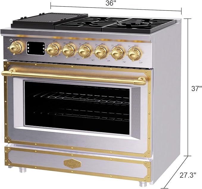 Akicon 36" Freestanding Gas Cooktop Oven Combo, Features 6 Sealed Burners, 5.2 Cu.ft Rapid Convection Oven, Convertible Fuel (NG/LP), Durable Cast Iron Grating (BSGBGGA1)
